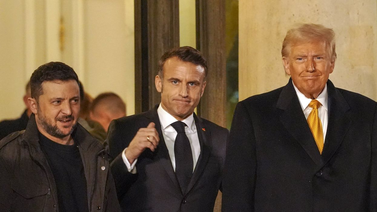 From left: Volodymyr Zelenskyy, Emmanuel Macron, Donald Trump