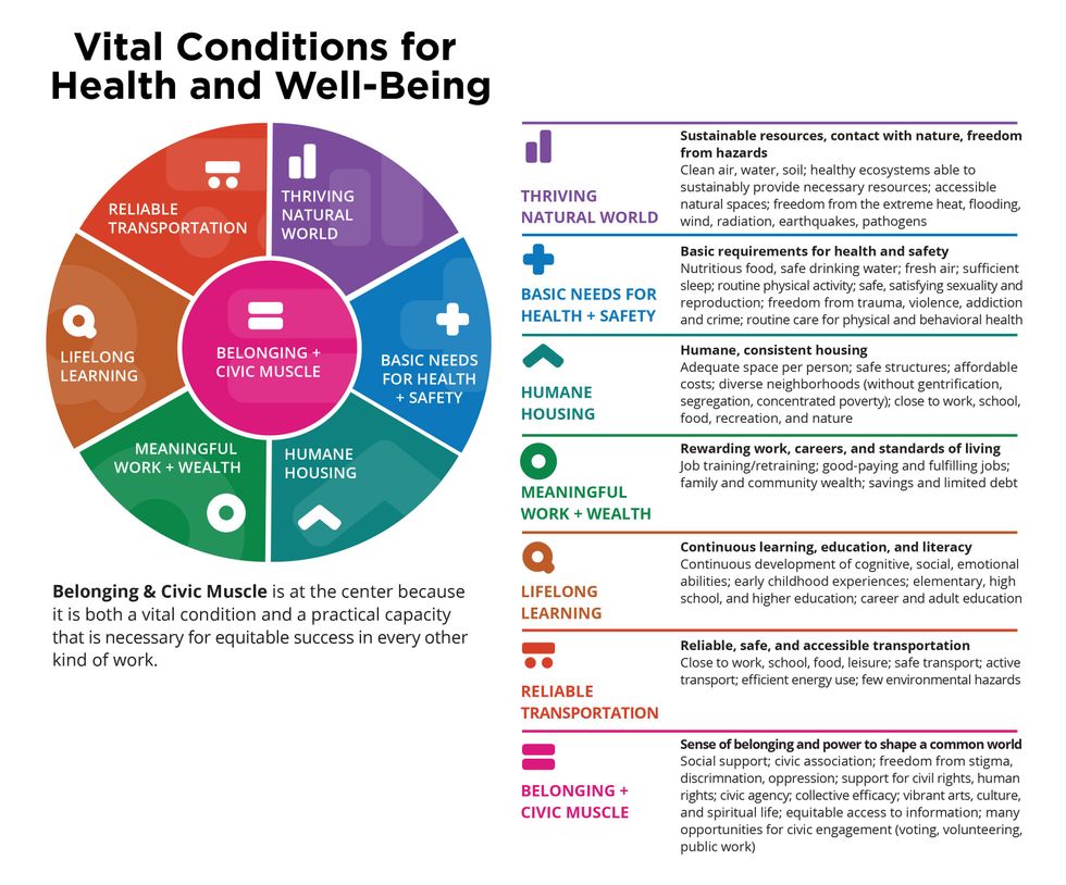 Graphci depicting the "Vital Conditions for Health and Well-Being