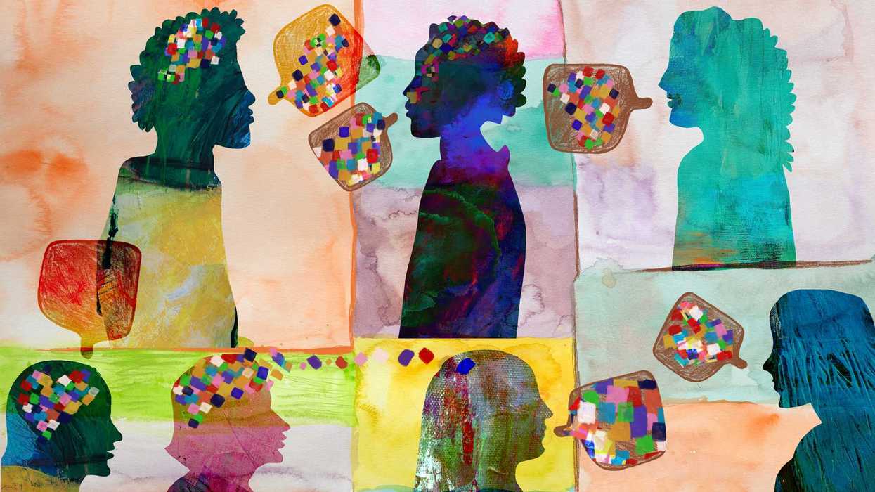 Group of diverse people profile view hand drawn silhouettes talking