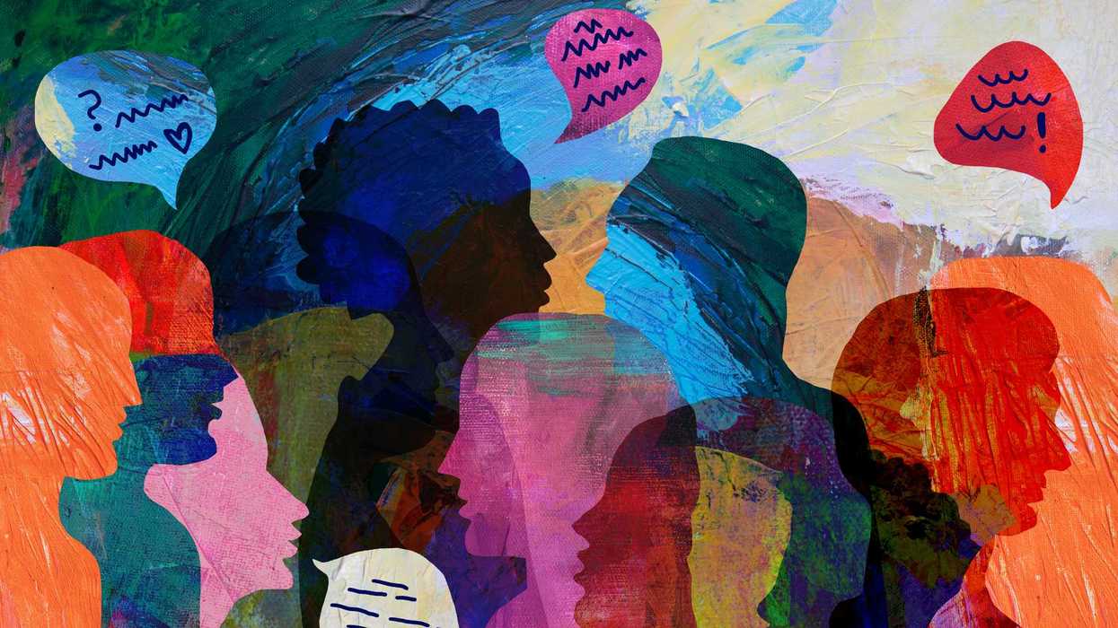 Group of diverse people profile view hand drawn silhouettes talking.