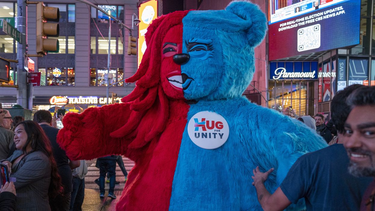 Half Harris, half Trump costume in New York City.