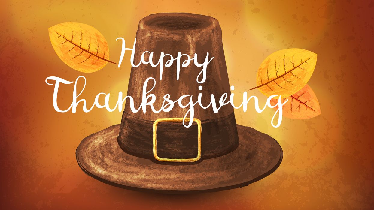 Hand-drawn Pilgrim hat with the words "Happy Thanksgiving"