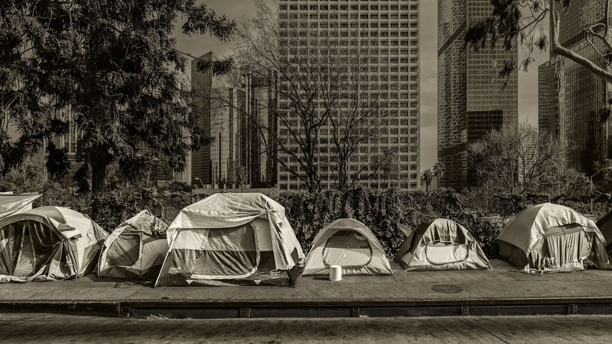 Homeless Tents, Skyscrapers in Background