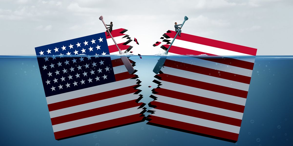 Illustration of a split American flag