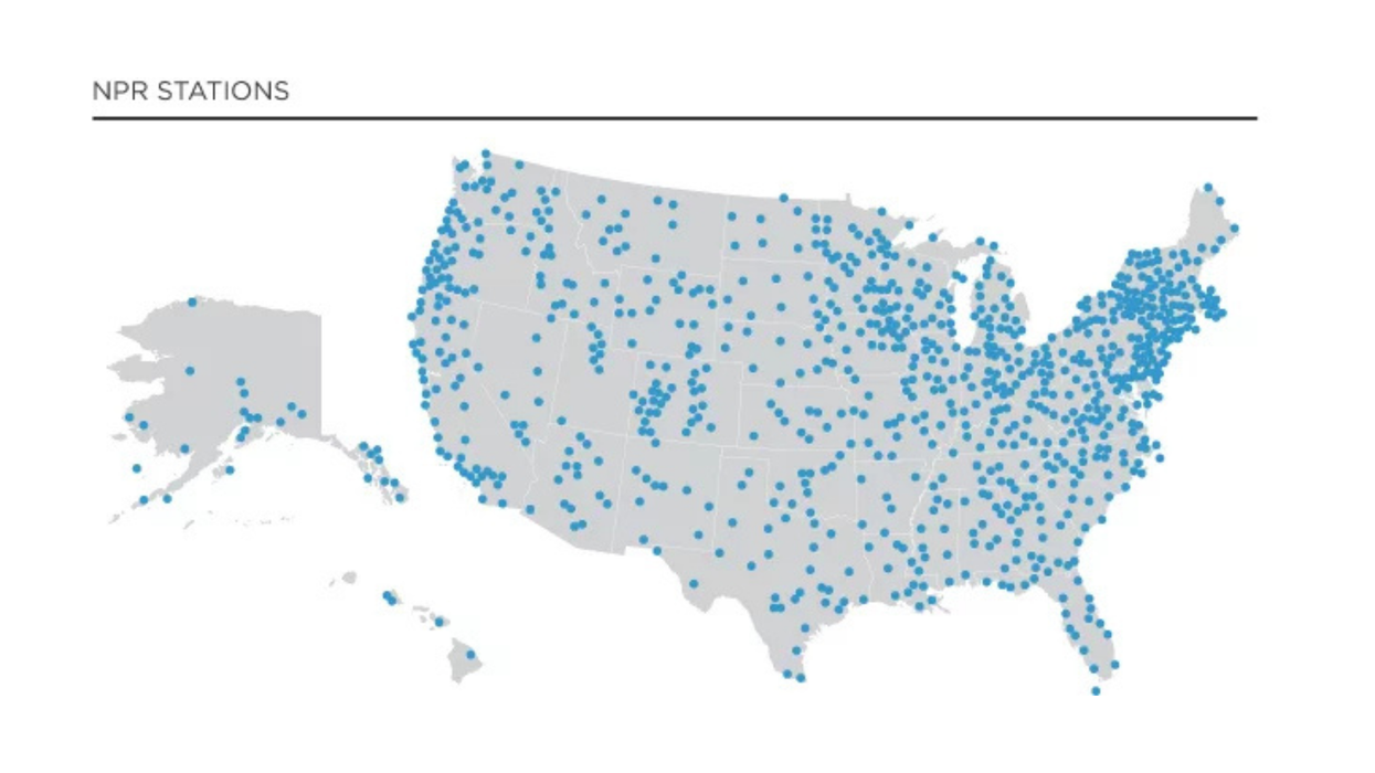 Image of a U.S. map noting the locations of 1000 NPR Member Station signals broadcasting across the United States