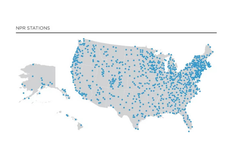 Image of a U.S. map noting the locations of 1000 NPR Member Station signals broadcasting across the United States