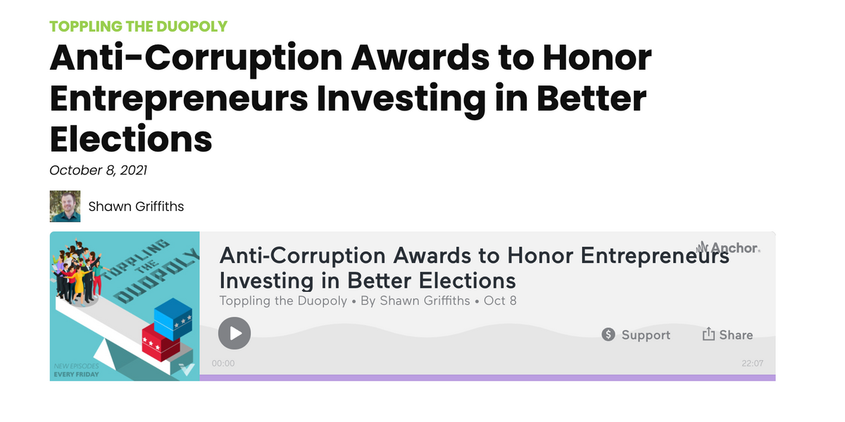 Podcast: Anti-Corruption Awards to Honor Entrepreneurs Investing in Better Elections