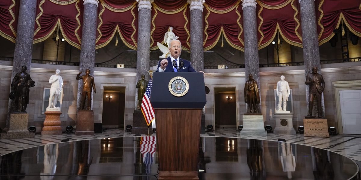 Joe Biden speaks on the anniversary of the Jan. 6 riot at the Capitol