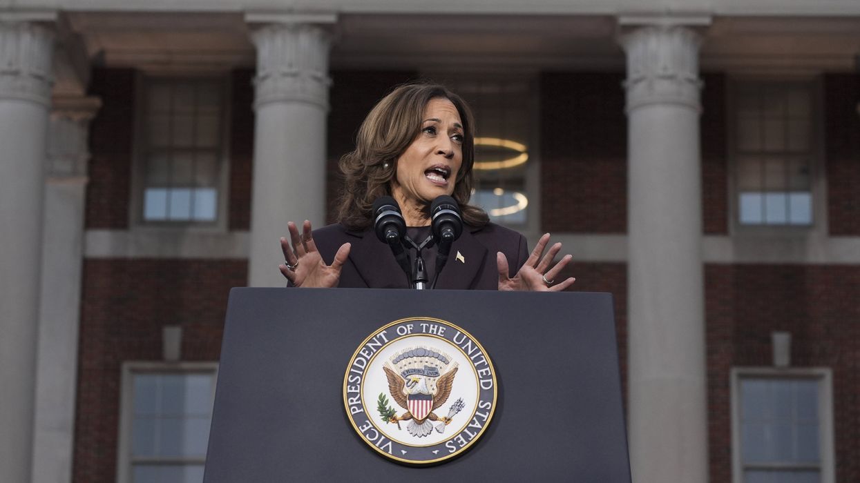 Kamala Harris speaking at a podium