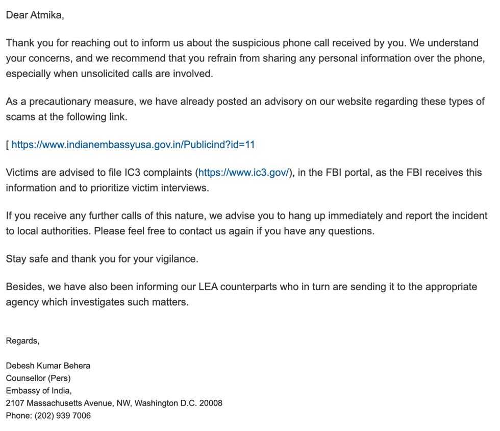 letter on suspicious phone calls