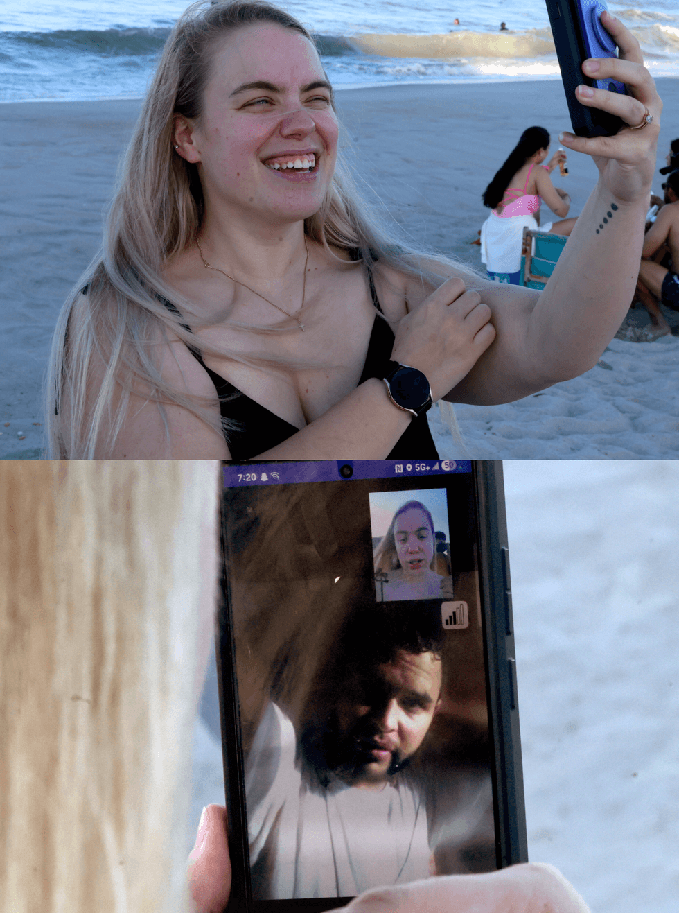 Madison Pestana video chats with her husband, Juan.
