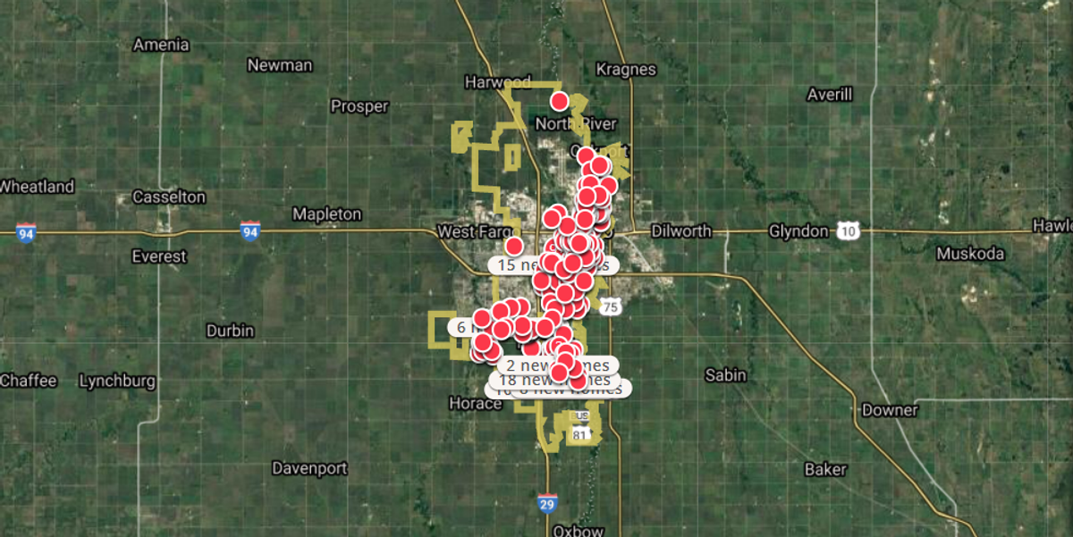 Map of homes for sale in Fargo, North Dakota
