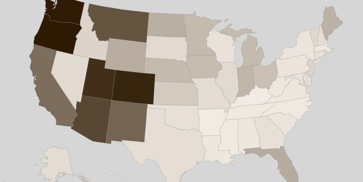 Map of U.S. showing 2018 vote by mail percentages