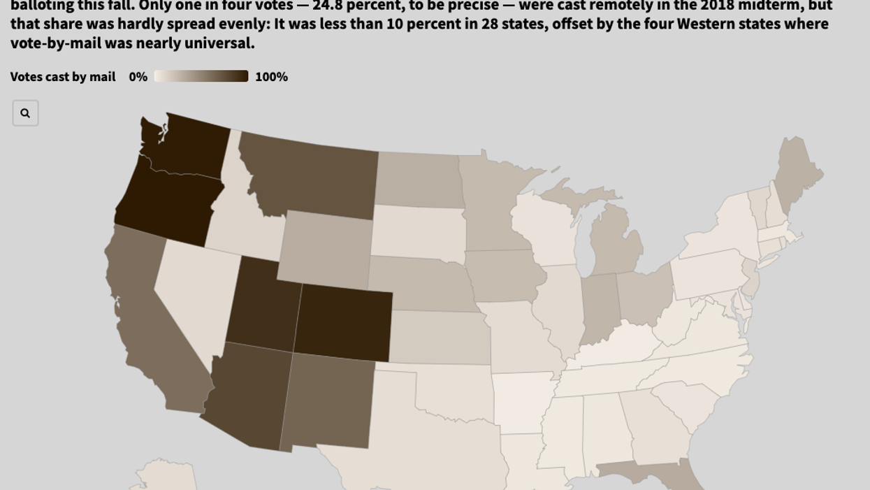 Map of U.S. showing 2018 vote by mail percentages