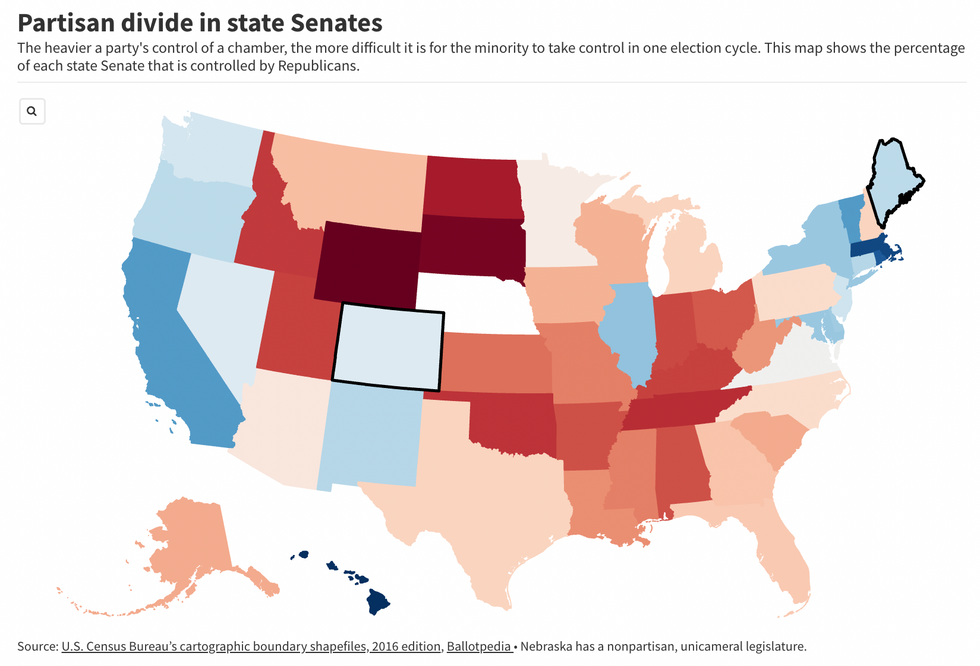 Map showing the percentage of each state Senate that is controlled by Republicans