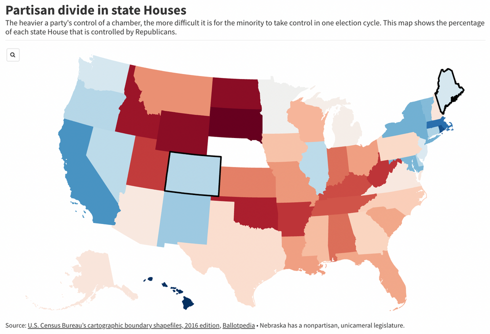 Map showing the percentage of each state Senate that is controlled by Republicans