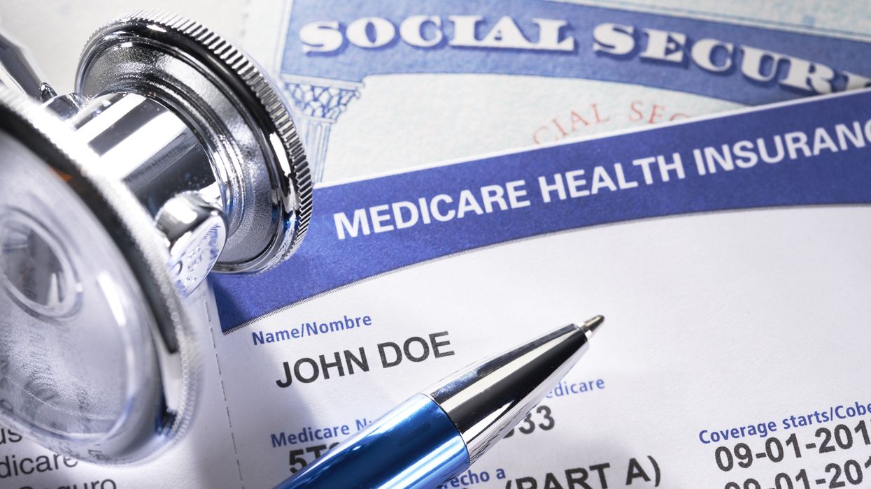 Medicare Health Insurance Card. Social Security Card with Stethoscope and pen