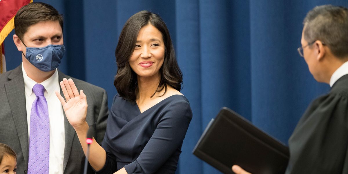 Michelle Wu being sworn in as mayor of Boston
