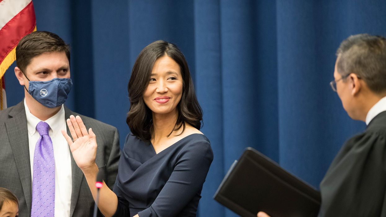 Michelle Wu being sworn in as mayor of Boston