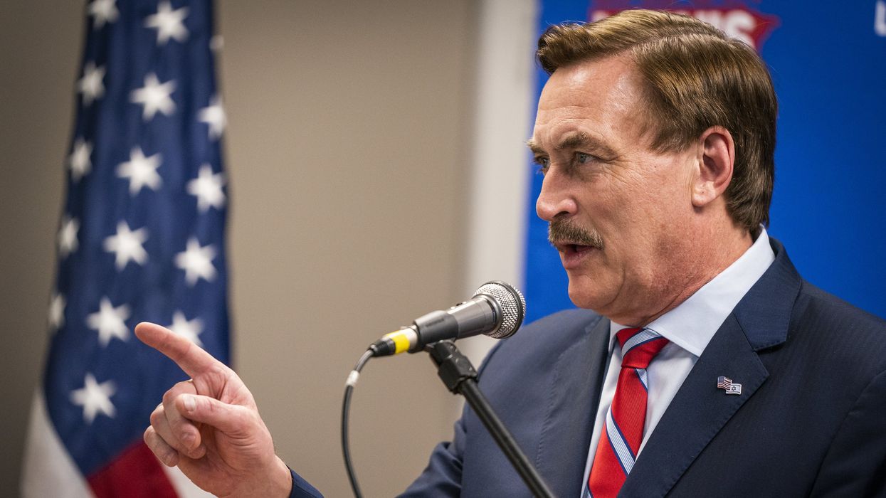 Mike Lindell speakin at a microphone