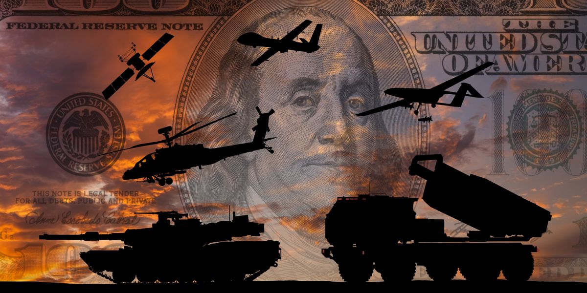 Military vehicles with $100 bill background