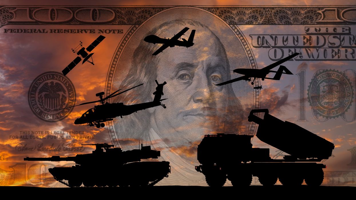 Military vehicles with $100 bill background