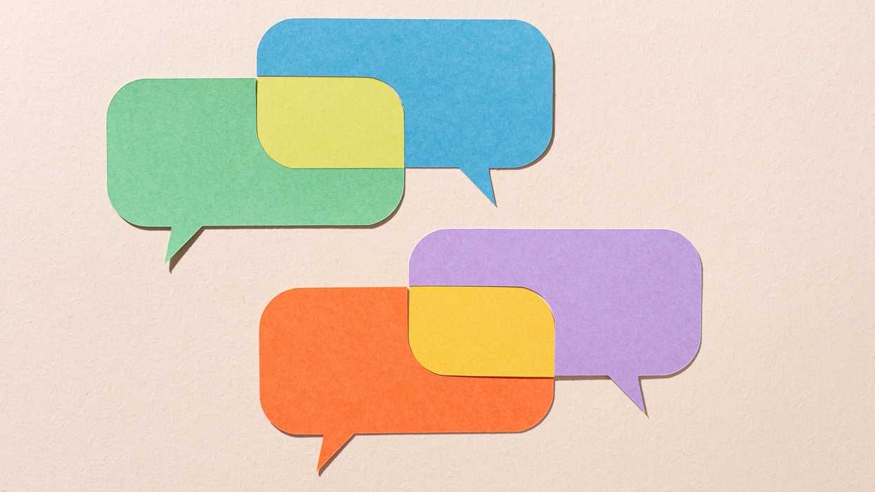 Multi-colored speech bubbles overlapping.