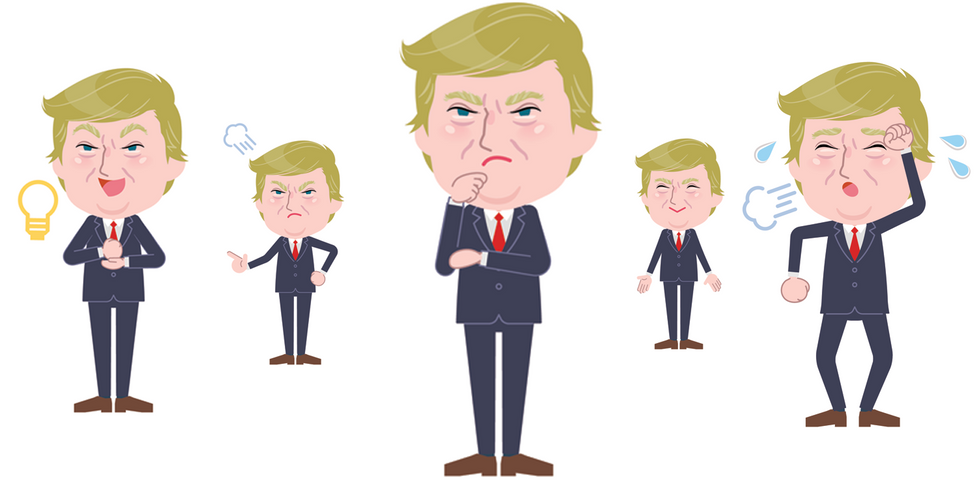 Multiple Trump figures showing different moods