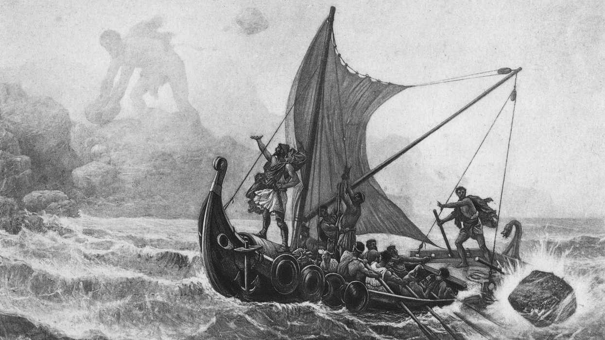 Old engraved illustration of Ulysses defying the Cyclops.