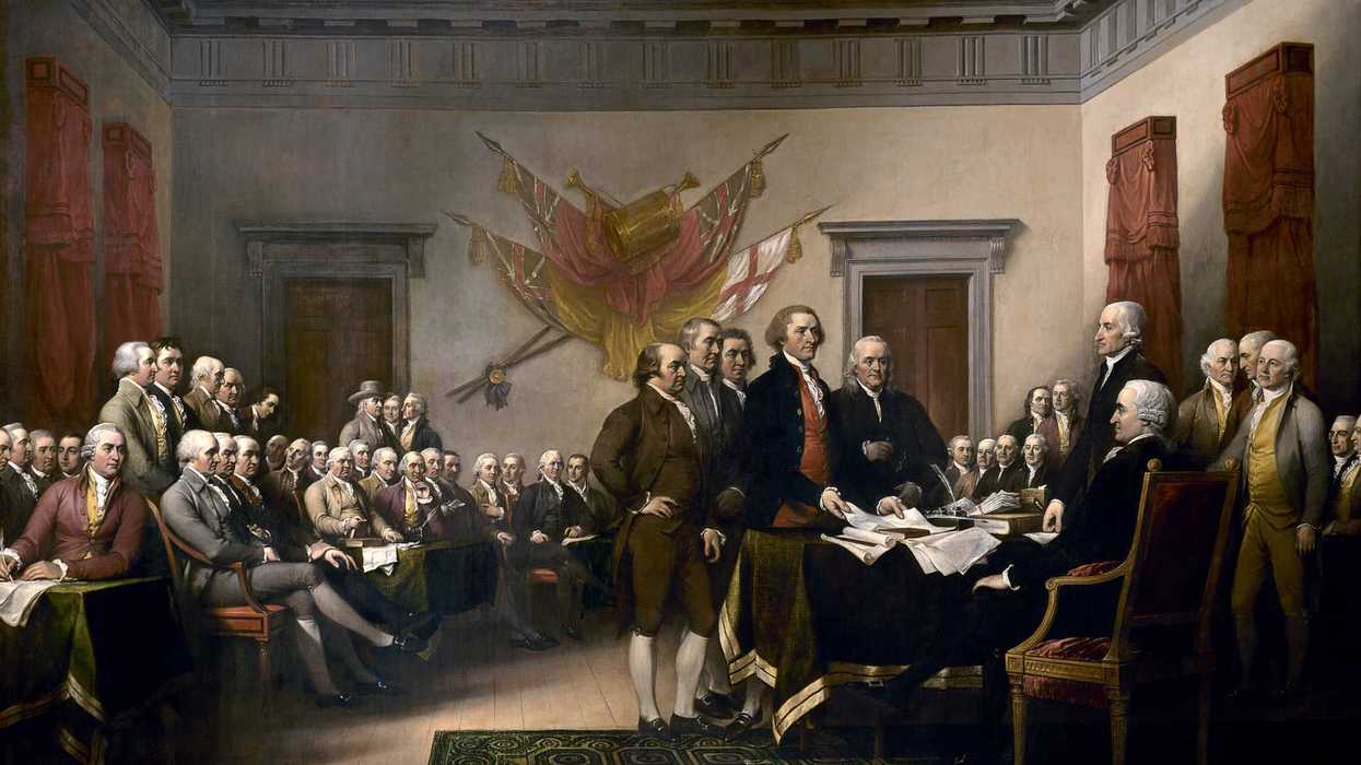 Painting by John Trumbull made in 1818 depicting the Committee of Five (Adams, Livingston, Sherman, Jefferson, and Franklin) presenting their draft of the Declaration of Independence.