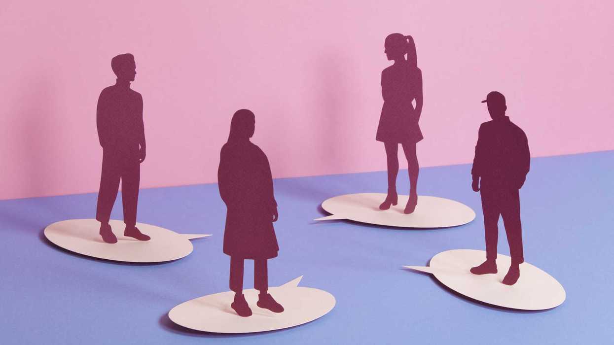 Paper craft illustration of people silhouettes standing on speech bubbles across each other.