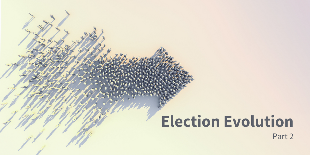 People forming an arrow and the words "Election Evolution, part 2"