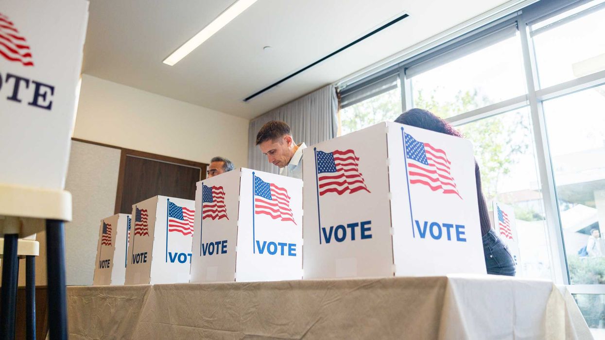People voting at booths.