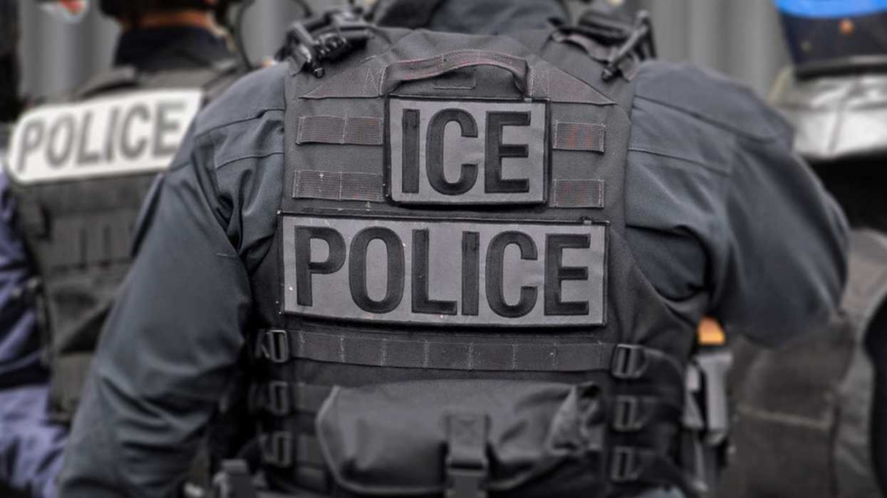 People wearing vests with "ICE" and "Police" on the back.