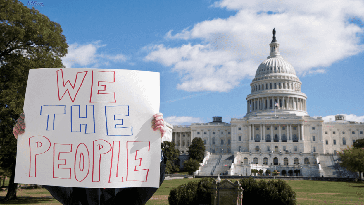 Person holding a sign in front of the U.S. capitol that reads, "We The People."