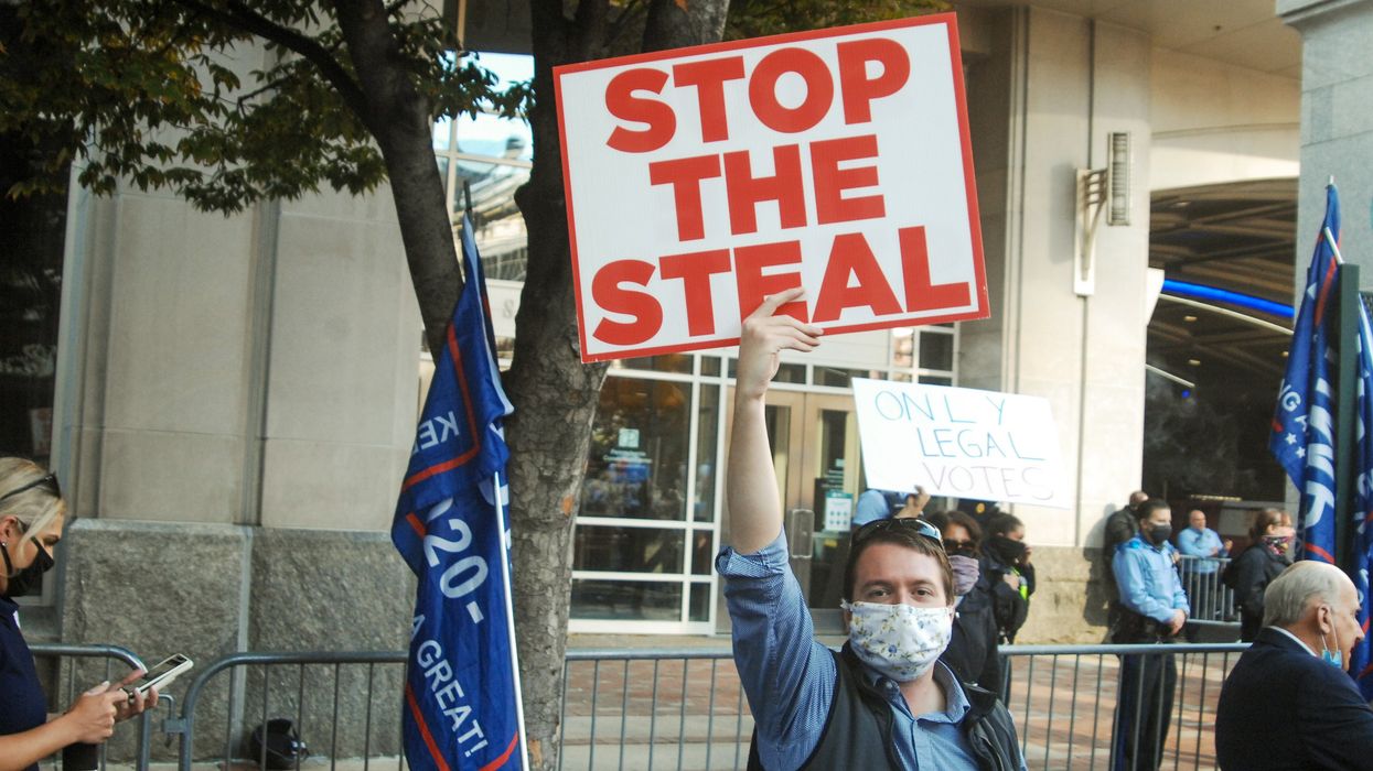 Person holding a "Stop the steal" sign