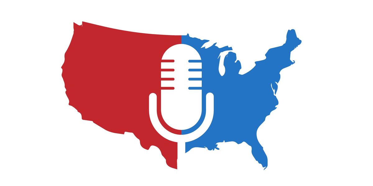 podcast mic in the middle of a red and blue America