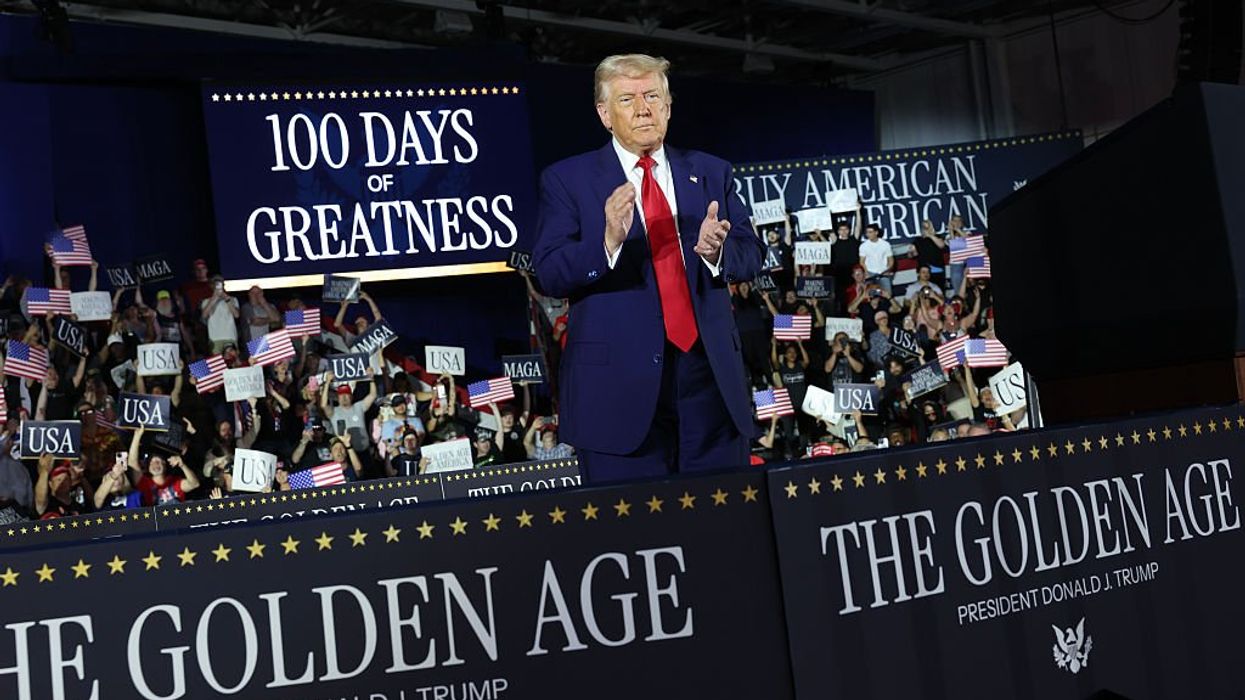 President Donald Trump speaks during a rally at Macomb Community College on April 29, 2025 at Warren, Michigan.
