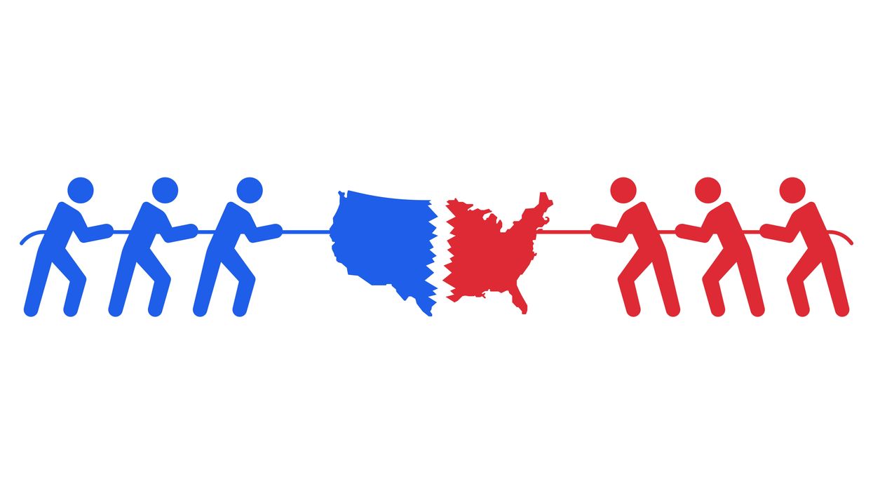 Red and blue figures pulling a map of the U.S. apart