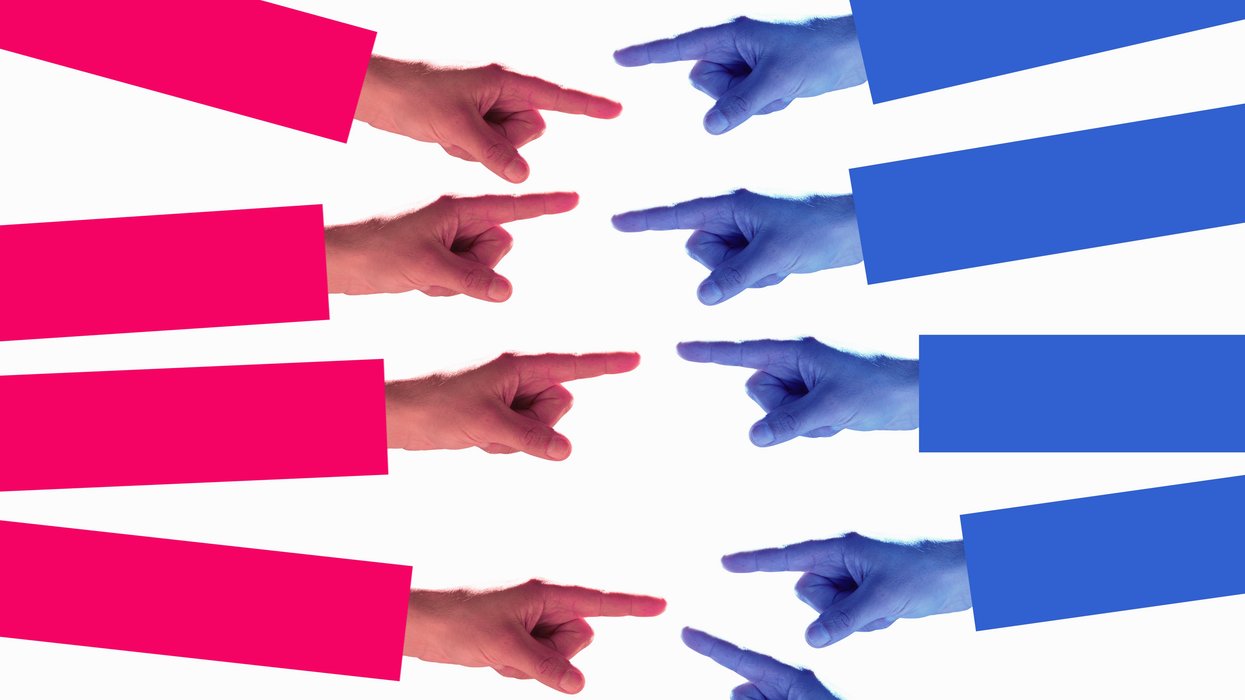 Red and blue fingers pointing at each other