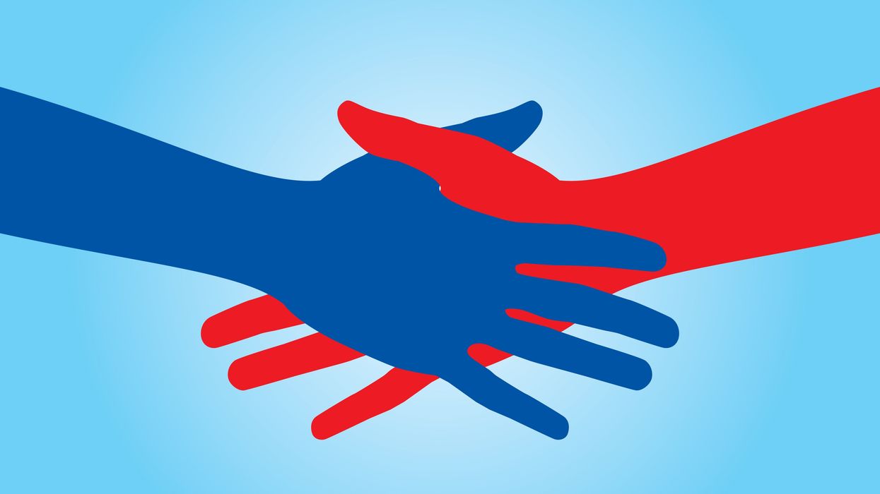 Red and blue hands coming together