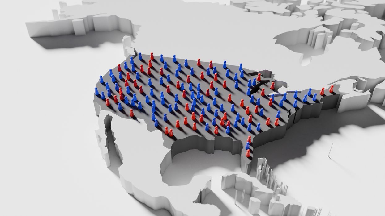 Red and blue pawns covering the United States