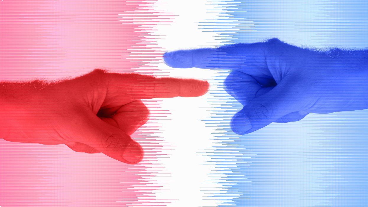 Red hand and blue hand pointing at each other