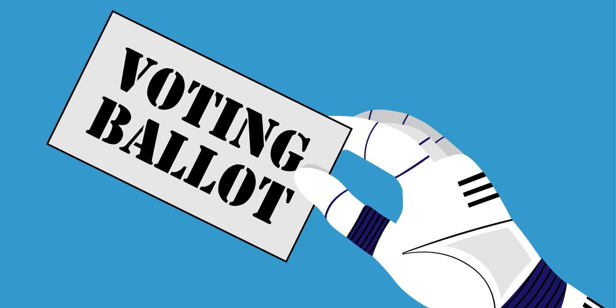 Robotic hand holding a ballot