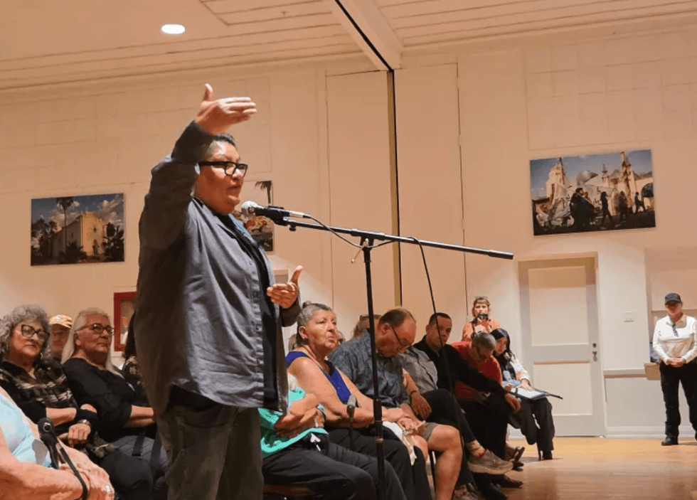 Sara Mae Williams, Justice of the Peace in Ajo and a Tohono O\u2019odham citizen, shares their concerns regarding border wall construction on Tohono O\u2019odham land at a town hall at the Ajo Plaza Rec Hall on Monday, Aug. 24, 2026. Credit: Stephanie CasanovaSara Mae Williams, Justice of the Peace in Ajo and a Tohono O\u2019odham citizen, shares their concerns regarding border wall construction on Tohono O\u2019odham land at a town hall at the Ajo Plaza Rec Hall on Monday, Aug. 24, 2026. Credit: Stephanie Casanova