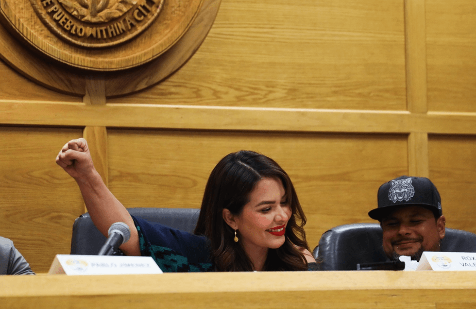 South Tucson Mayor Roxy Valenzuela sits next to Council Member Cesar Aguirre