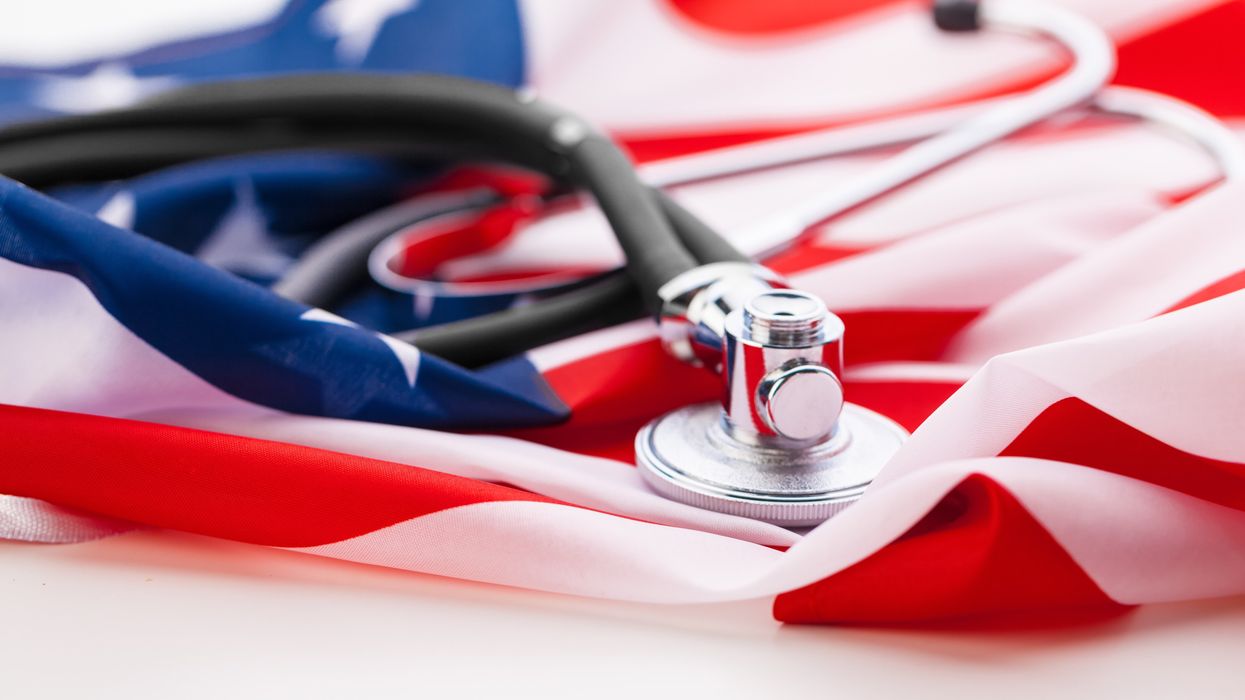 Stethoscope on American national flag, close up