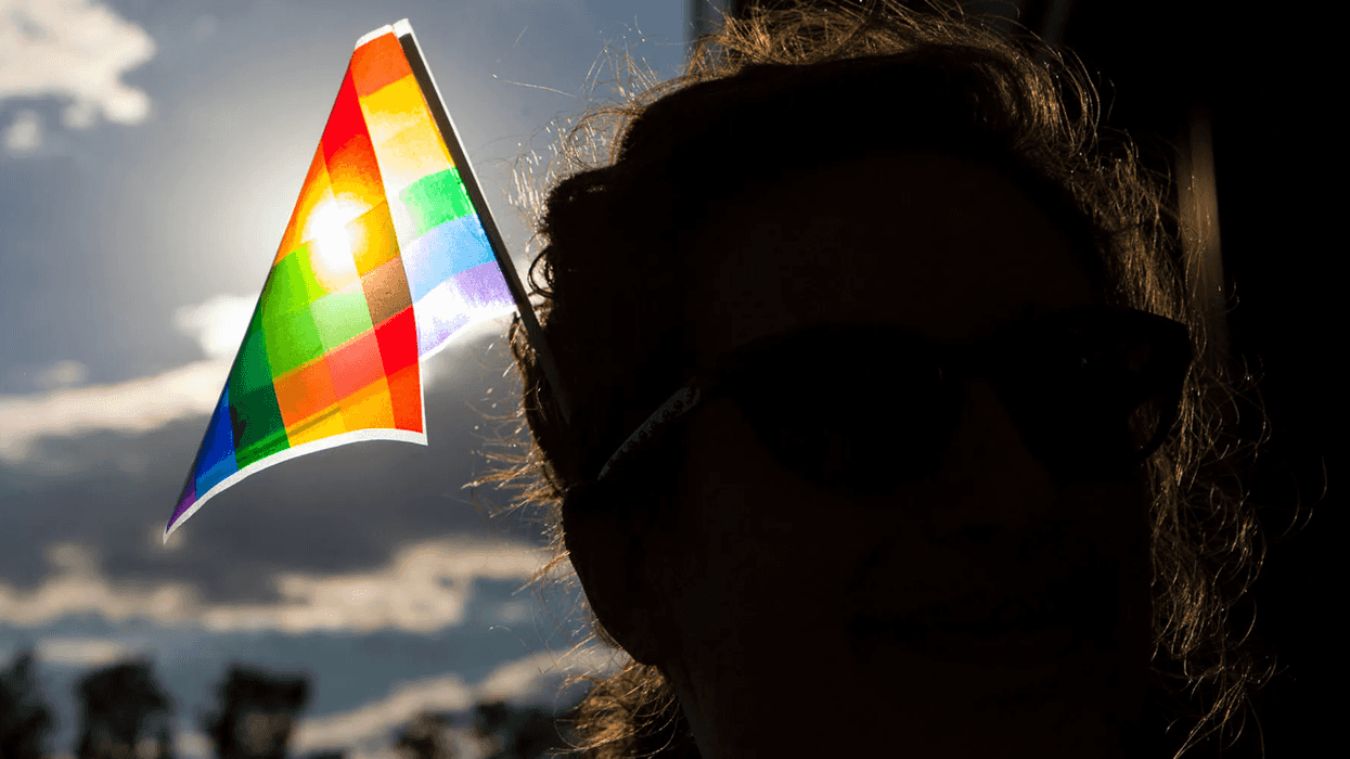 The back of a person's head, they are holding a small rainbow colored flag.