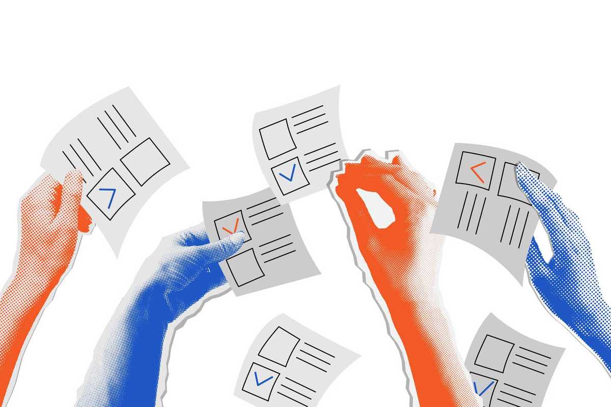 The election voting process, bidding, hands raised up with papers
