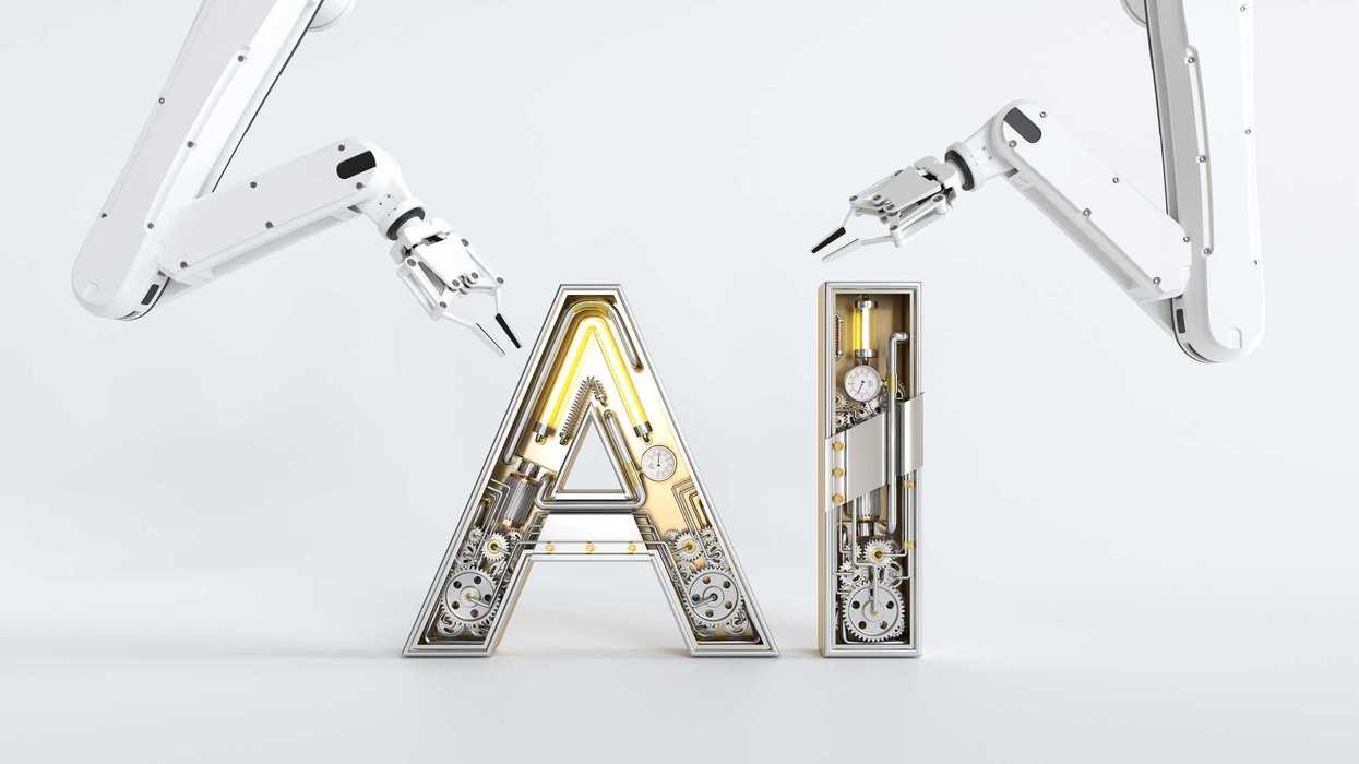 The robot arm is assembling the word AI, Artificial Intelligence. 3D illustration